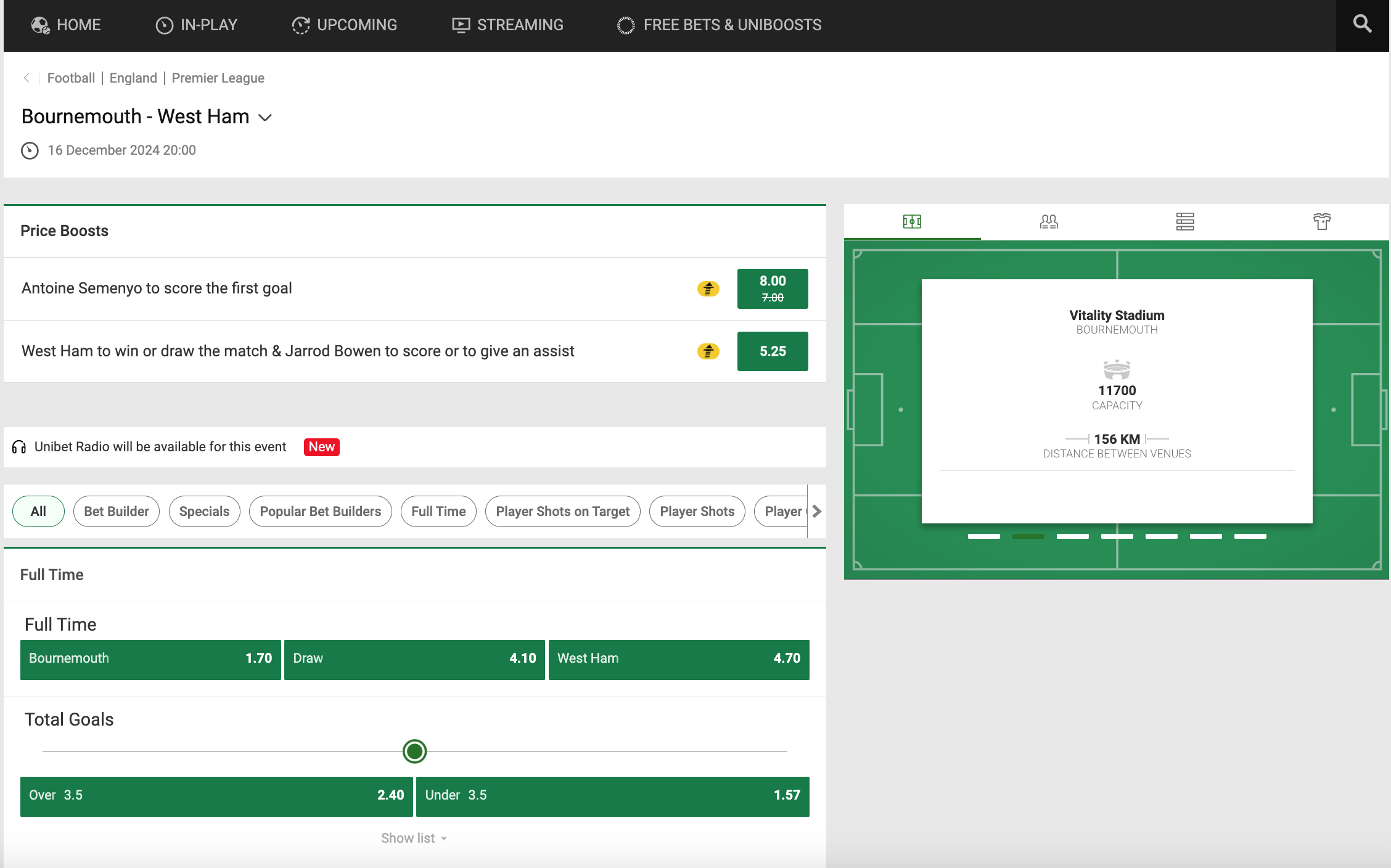 Unibet event page, showing a football match between Bournemouth and West Ham. Price boosts are at the top, with main betting markets below and information and performance stats in a box to the right. 